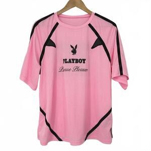 Playboy x Misguided Pink Mesh Sports Jersey with Black Accents #22 EUC Sz Large